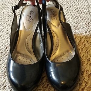 Black patent open back wedge with strap